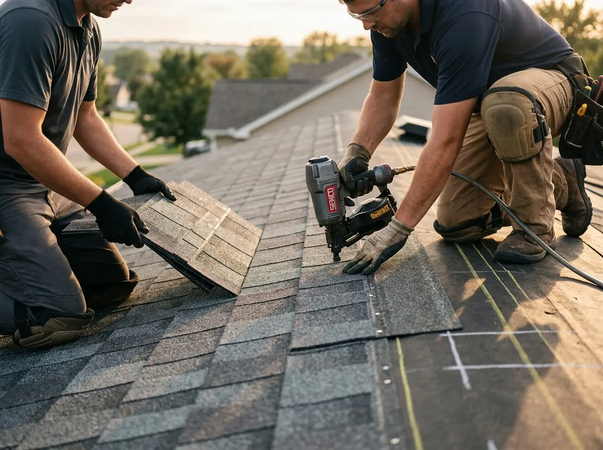 Professional roofer working on a residential roof in Norton Shores